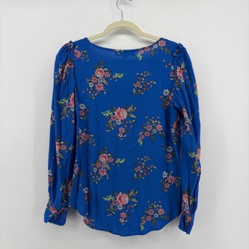 LOFT Blue Floral V Neck Long Sleeve Puff Sleeve Blouse Shirt Women's Size S - Picture 2 of 6